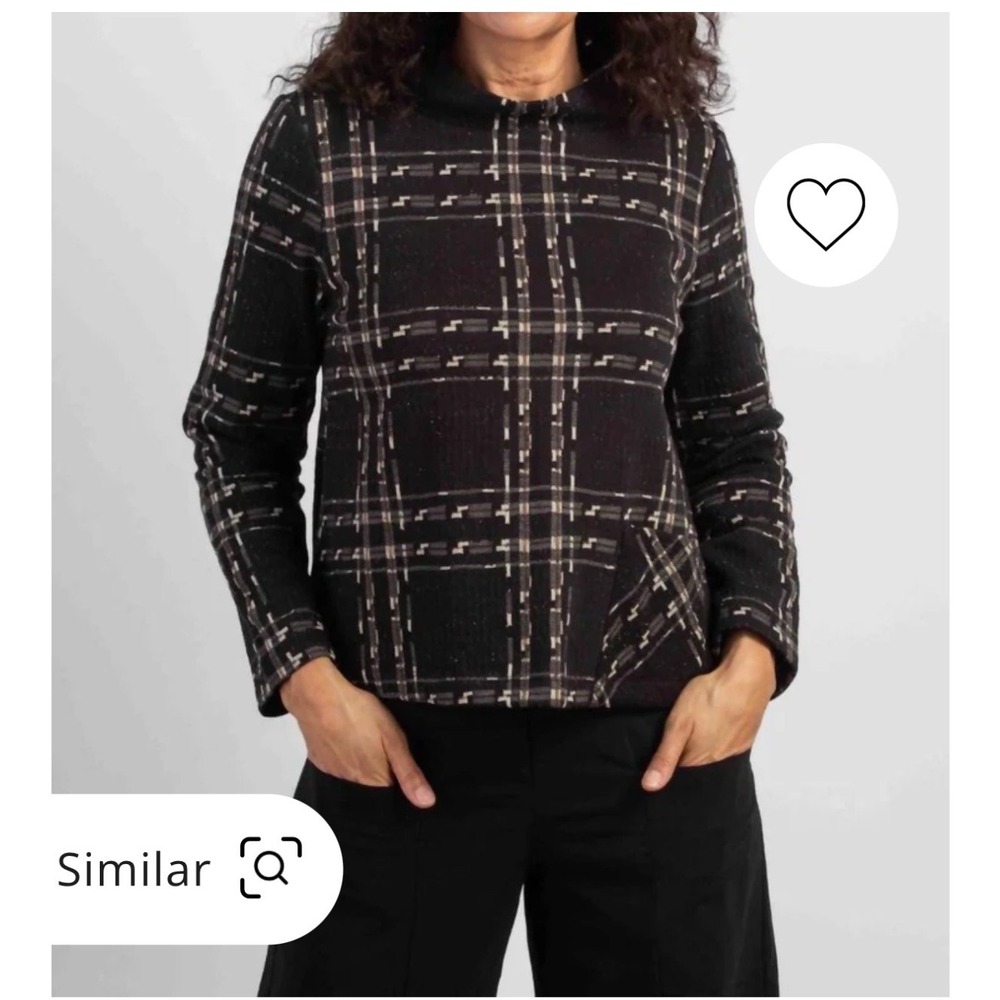 Habitat Speckle Knit Plaid‎ Pullover Mock Neck Top Black S Lagenlook Art to Wear